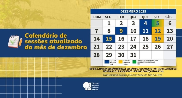 Todas as sessões serão transmitidas ao vivo pelo canal oficial do TRE do Pará no YouTube.