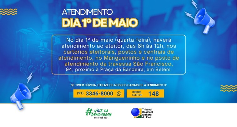 No dia 1º de maio, os locais de atendimento do estado estarão atendendo das 8h às 12h para propo...