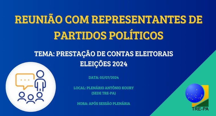 TRE do Pará promove reunião com órgãos partidários para tratar de prestação de contas eleitorais Durante o encontro, serão tratados temas referentes às normas, prazos e aos sistemas informatiza...