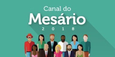 TRE-RN - Ilustração do canal do mesário Ilustração com avatar de várias pessoas olhando para a frente, e texto "Canal do Mesário 2018"